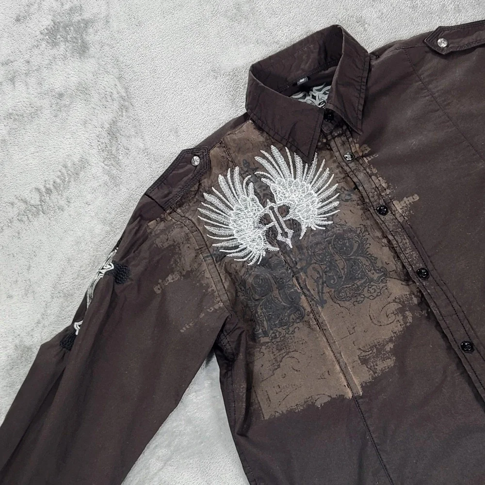 Roar Shirt Mens Large Brown Gothic Wings Cross Long Sleeve Button Up Embroidered